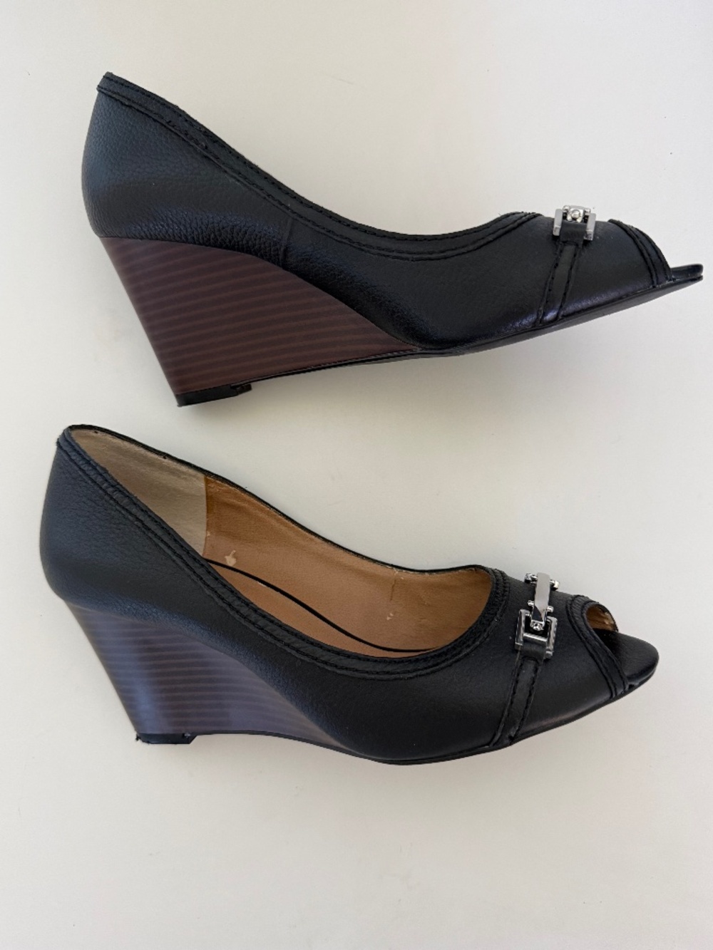 Saks Fifth Avenue Black Leather Peep Toe Wedge Heels 7M